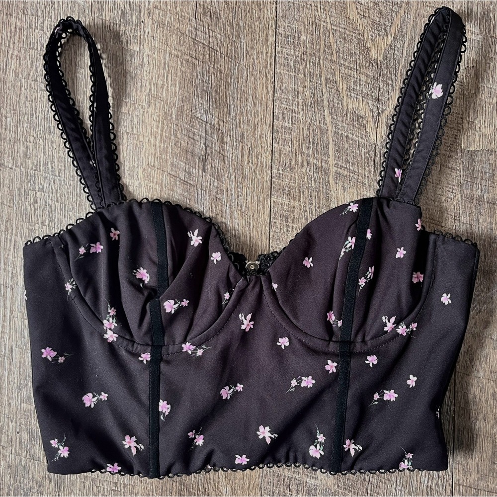 White Fox‎ black and pink floral corset bustier size Small crop top zip back
